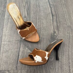 Y2K vintage Donald J Pliner couture pony hair Cowhide mule heel brown white